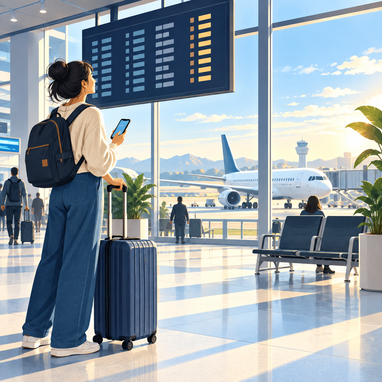 Pasajera consultando su teléfono en un aeropuerto frente a un avión