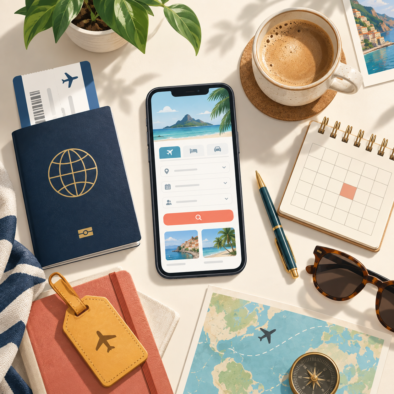 Planificación de un viaje con teléfono, pasaporte, pase de abordar y calendario